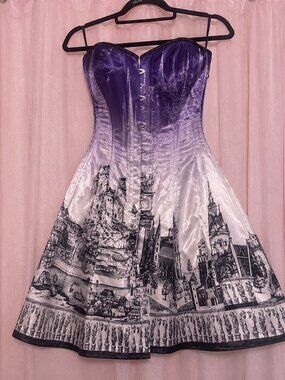 Steel Boned Satin Corset Dress Purple Gothic Cityscape Print NWT